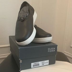 Brand New Eileen Fisher Black Washed Leather Sydney Slip-On Shoe, Sz 10M